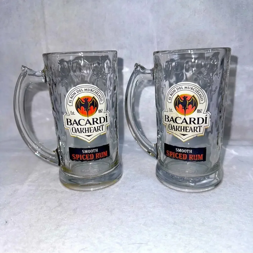 Pair of 2 Vintage Glass Bacardi Oakheart Smooth Spiced Rum 12oz Mugs Steins